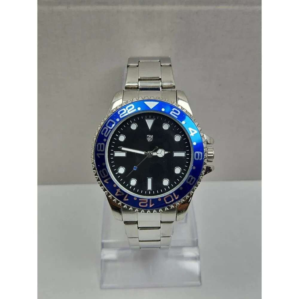 Auriol Mens Quartz Diver Style 46mm Watch Black Blue 24HR Bezel Date New Battery
